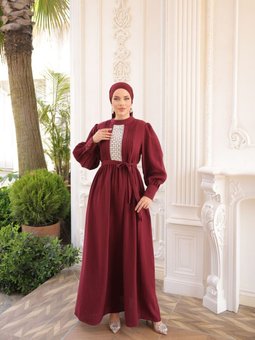 Bordo Ankanoor Dantel Ve Nervürlü Müslin Elbise