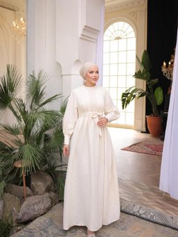 Ekru Ankanoor Dantel Ve Nervürlü Müslin Elbise