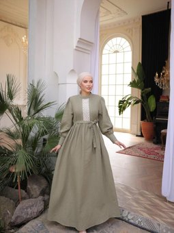 Haki Dantel Ve Nervürlü Müslin Elbise