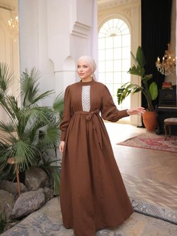 Kahverengi Ankanoor Dantel Ve Nervürlü Müslin Elbise