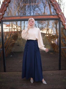 Lacivert Ankanoor Fiyonklu Keten Uzun Etek