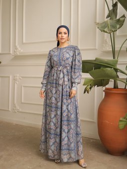 Lacivert Kol Manşetli Kare Desenli Şifon Elbise