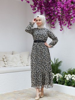 Leopar Eteği Büzgülü Rahat Kesim Şifon Elbise