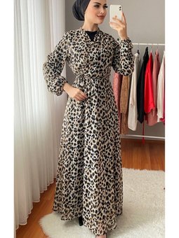 Leopar Kruvaze Yaka Desen Şifon Elbise