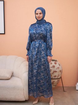 Mavi Ankanoor Balon Kol Simli Varaklı Şifon Abiye Elbise