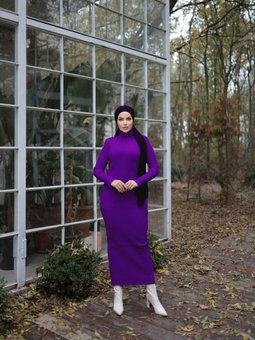 Mor Ankanoor Boğazlı Triko Elbise