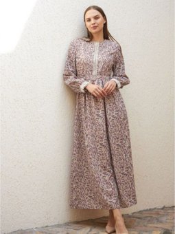 Mor Ankanoor Çıtır Desen Kuşaklı Keten Elbise