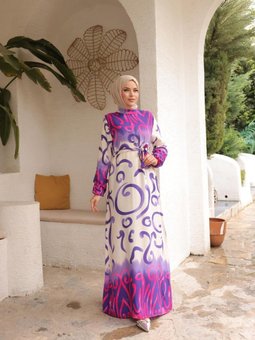 Mor Ankanoor Etnik Desenli Viskon Elbise