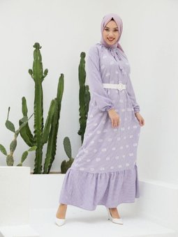 Mor Ankanoor Pötikare Reglan Kol Nakışlı Elbise