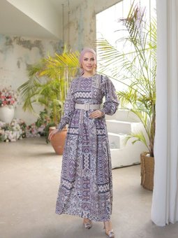 Mor Balon Kol Baklava Desen Saten Elbise