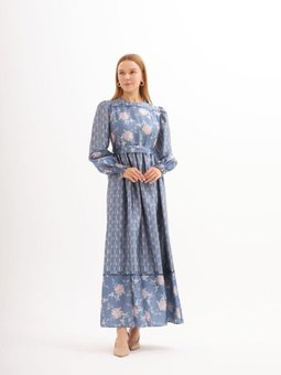 Mor Eteği Sulu Çiçek Desen Saten Elbise