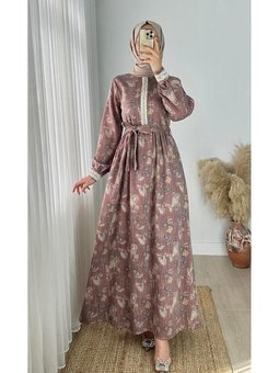 Pembe Dantel Detaylı Şal Desen Keten Elbise