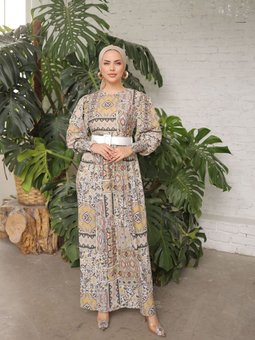 Sarı Balon Kol Baklava Desen Saten Elbise