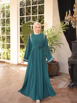 Zümrüt Yeşili Ankanoor Abaya Kol Nakışlı Medine İpeği Abiye Elbise