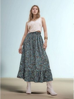 Haki Uzun Beli Lastikli Önü Düğmeli Dokuma Viskon Etek