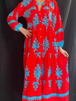 Kırmızı Viskon Kumaş Uzun Kollu Desenli Salaş Elbise