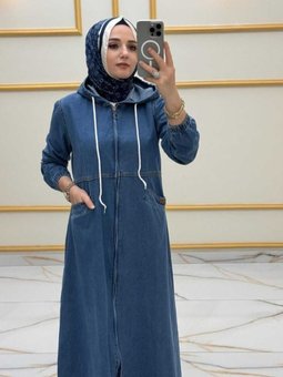 Lacivert Fermuarlı Kapüşonlu Cep Detaylı Denim Kot Kap Pardesü