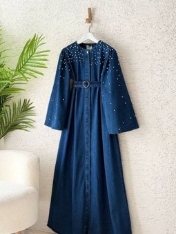 Lacivert Kalp Kemerli İnci Detaylı Denim Kap Pardesü