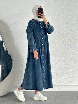 Lacivert Önü Düğmeli Pile Detaylı Denim Kap Pardesü