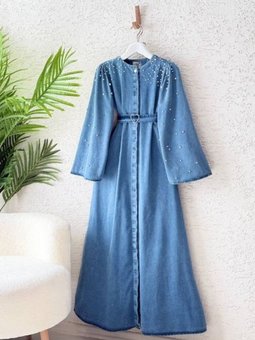 Mavi Kalp Kemerli İnci Detaylı Denim Kap Pardesü