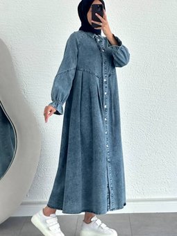 Mavi Önü Düğmeli Pile Detaylı Denim Kap Pardesü