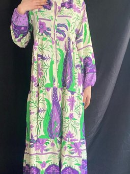 Mor Viskon Kumaş Uzun Kollu Desenli Salaş Elbise