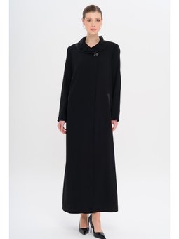 Düğmesi Taşlı Saten Detaylı Astarlı Büyük Beden Siyah Pardesü