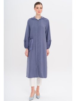 File Kapüşonlu Garni Detaylı Astarsız Modal İndigo Kap