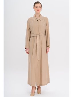 Gömlek Yaka Aksesuar Detaylı Astarsız Modal Büyük Beden Bej Pardesü