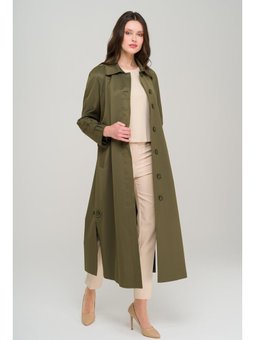 Gömlek Yaka Yandan Yırtmaçlı Astarlı Su İtici Özellikli Uzun Trençkot A.haki