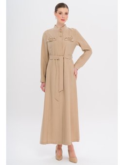 Hakim Yaka Boncuk Ve İşleme Detaylı Astarsız Modal Bej Pardesü