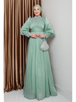 Kolları Ve Önü Taş Bezeli Yorgo İpek Abiye Elbise Mint