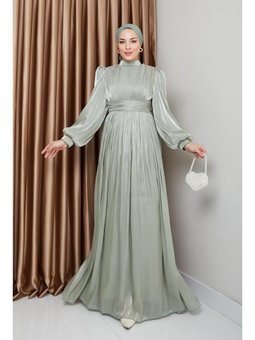 Kuşak Ve Pelerin Detaylı Yorgo İpek Açık Yeşil Abiye Elbise