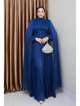 Kuşak Ve Pelerin Detaylı Yorgo İpek K. İndigo Abiye Elbise