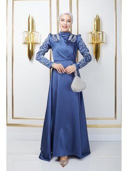 Önü Kolları Pul Ve Taş Detaylı Saten Abiye Elbise K. İndigo