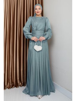Volan Ve Plise Detaylı Kristal Şifon Su Yeşili Abiye Elbise