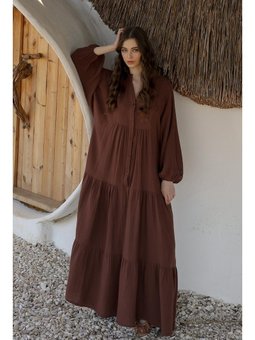 Yarasa Kol Düğme Detaylı Müslin Salaş E Elbise Kahve