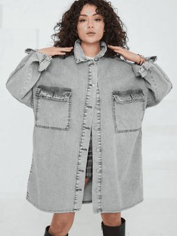 Gri Düz Gömlek Yaka Kuş Gözü Cepli Kot Ceket