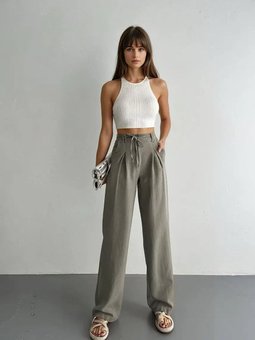 Haki Keten Bağlamalı Arkası Lastikli Palazzo Pantolon