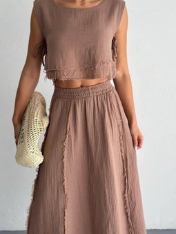 Kahverengi Uzun Yazlık Müslin – Rahat Ve Doğal Kumaşlı Etek