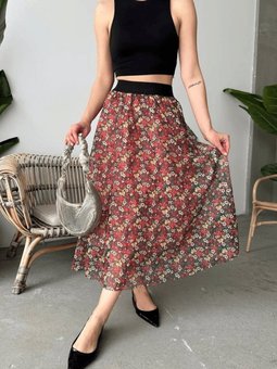 Kırmızı Uzun Baskılı Astarlı Etek