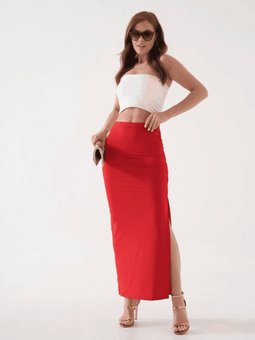Kırmızı Uzun Yırtmaçlı İnce Kumaş Etek