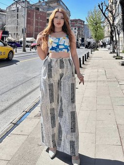 Krem Baskılı Bağcıklı Keten Pantolon