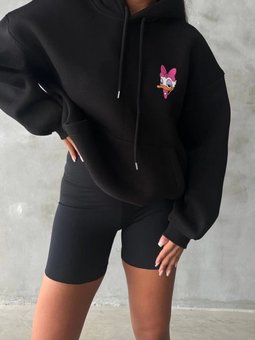 Siyah İplik Şardonlu Oversize Compact Ördek Baskılı Sweat