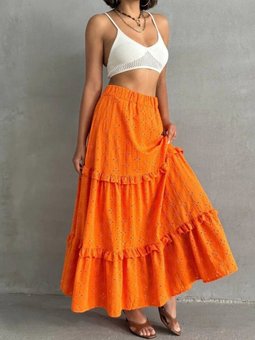 Turuncu Uzun Fırfırlı Brodeli Astarlı Etek