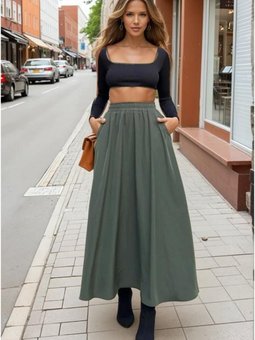 Haki Beli Lastikli A Kesim Salaş Yüksek Bel Kupra Uzun Etek