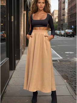 Karamel Beli Lastikli A Kesim Salaş Yüksek Bel Kupra Uzun Etek