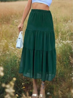 Yeşil Katlı Şifon Maxi Etek Beli Lastikli