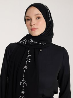 Nakış Beyaz Şal Hilal Dokuma Siyah