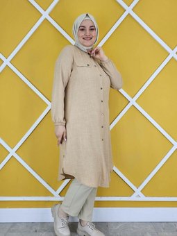 Bej Arma Ve Taş Detaylı Keten Gömlek